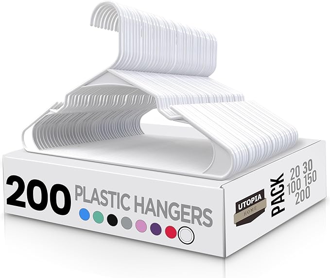 Utopia Home Plastic Hangers 200 Pack - Perfect Space Saving Clothes Hanger - Durable and Strong - Perfect Closet Organizers with Shoulder Grooves (White)