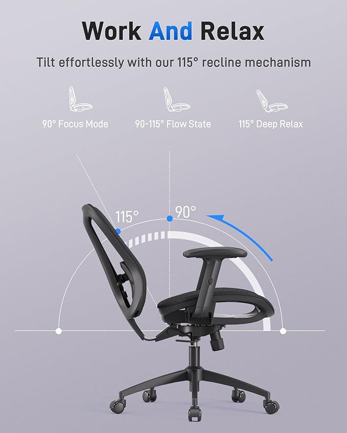 Ergonomic Office Desk Chair, Comfortable Computer Gaming Chair, Breathable Mesh Back & Seat, Adjustable Armrest, Lumbar Support, Butterfly Design for Home Office (Black)
