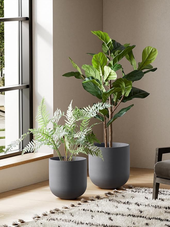 LE TAUCI 10 Inch Plant Pot, Ceramic Pots for Plants with Drainage Hole and Rubber Plug, Plant Pots Indoor for Home Garden Patio Office, Cylinder Planters for Indoor Plants, Charcoal Gray