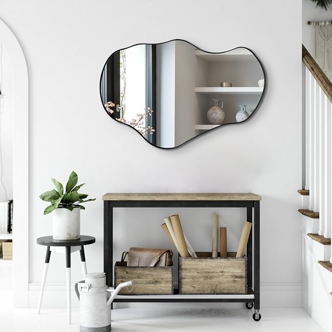 Irregular Wall Mirror, 30"x20" Asymmetrical Decorative Accent Mirror with Black Metal Frame, Organic Shape Mirrors for Entryway Bedroom Living Room, Horizontal or Vertical Hanging ﻿