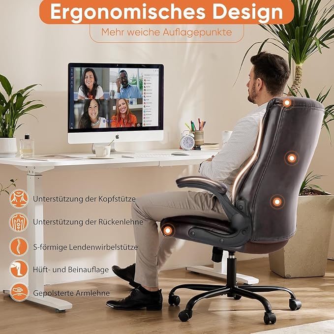 Sweetcrispy Computer Gaming Chair, Ergonomic High Back Heavy Duty Task Desk Office Chairs with Wheels, Flip-up Arms, Adjustable Height, PU Leather,Dark Brown