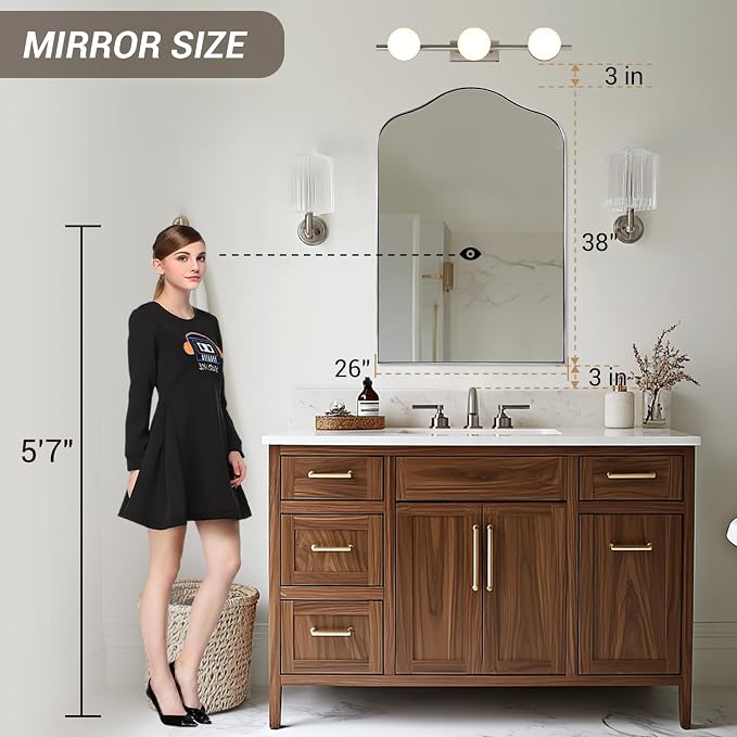ANDY STAR Scalloped Arched Mirror, 26x38 Brushed Nickel Irregular Bathroom Mirror for Vanity, Asymmetrical Curved, Silver Rustproof Stainless Steel Frame, for Over Sink, Bedroom, Mantel, Fireplace