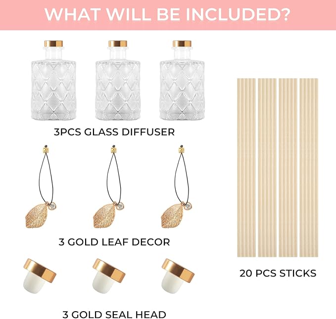 Glass Reed Diffusers Bottles for Home, Diffuser Bottles with 20PCS Reed Diffuser Sticks, Vintage Embossed Apothecary Style Flower Bud Vases with Cork Lids, Set of 3