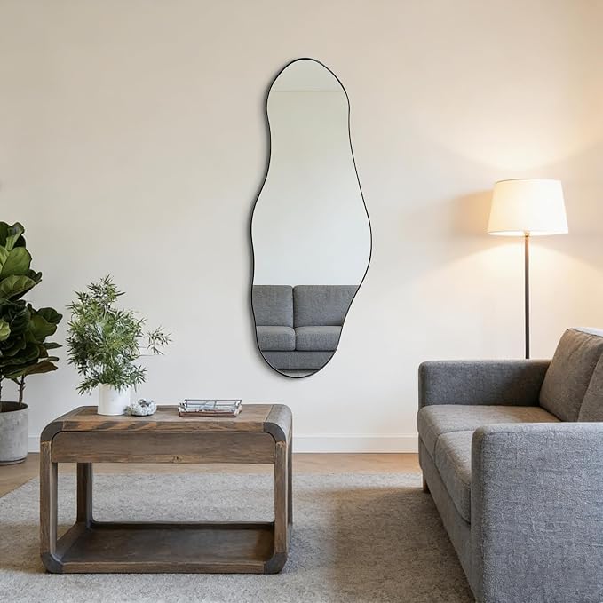 Irregular Wall Mirror, 47"x20.5" Asymmetrical Decorative Accent Mirror with Black Metal Frame, Organic Shape Mirrors for Entryway Bedroom Living Room, Horizontal or Vertical Hanging