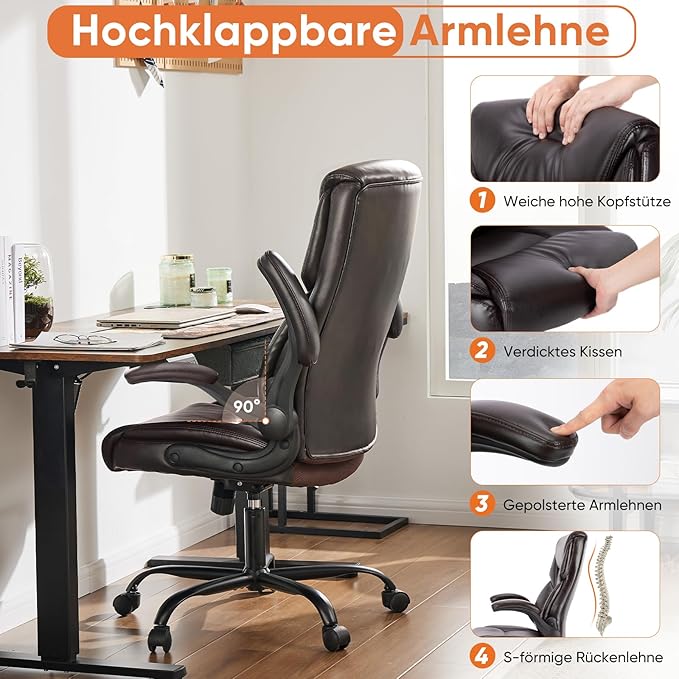 Sweetcrispy Computer Gaming Chair, Ergonomic High Back Heavy Duty Task Desk Office Chairs with Wheels, Flip-up Arms, Adjustable Height, PU Leather, Brown