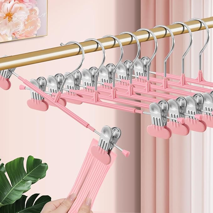 Clothes Pants Hangers with Wide Clips 10 Pack,Non-Slip Adjustable Skirt Hanger for Women,Space-Saving Heavy Duty Men Hangers for Pants,Trousers,Jeans,Shorts 12Inch Pink