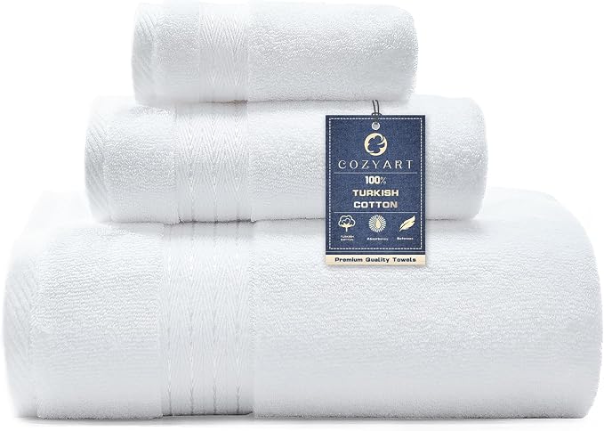 COZYART Luxury White Bath Towels Set, Cotton Hotel Large Towels for Bathroom, Thick Bathroom Set of 3 with 1 Bath Towel, 1 Hand Towel, 1 Washcloth, 650 GSM