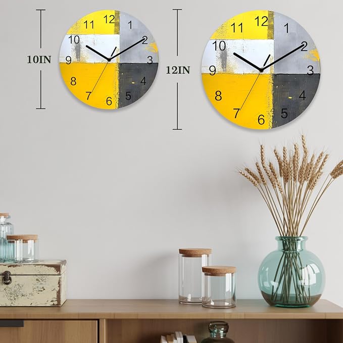 Abstract Style Wall Clock Battery Operated Non-Ticking 12" Round Wood Clocks, Yellow Gary Color Block Oil Painting Kitchen Wall Clock for School Bathroom Living Room Home Office Wall Decor