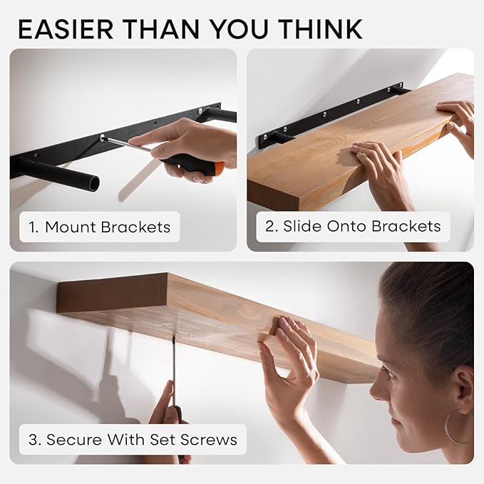 Homeforia 60 inch Golden Oak Floating Shelf, High End Solid Real Wood 60inch Small Floating Shelves for Wall Mounted, Oak Wooden 60in Floating Shelves, Heavy Duty Bracket, 60 X 6.5 X 1.75 in, Set of 3