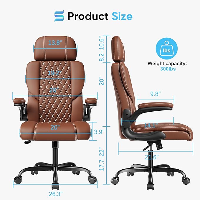 Sytas Executive Leather Office Chair, Comfy Desk Chair with Adjustable Headrest & Flip-up Padded Arms & Lumbar Support, Adjustable Hight and Tilt, Rolling Swivel, Brown