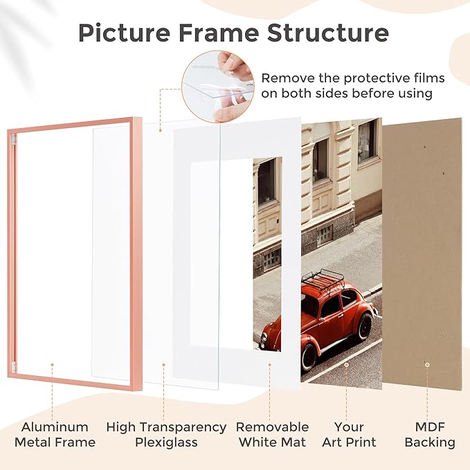 5x7 Picture Frame | 5x7 Metal Frame With Mat For 4x6 | 5 x 7 Aluminum Photo Frame | Plexiglass And Hanging Hardware Included | 5 By 7 Picture Frame | Rose Gold