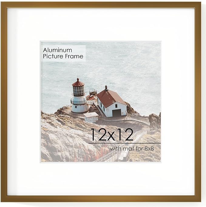 12x12 Frame - Metal Square Picture Frame With Tempered Glass 12x12 Frame With Mat For 8x8 Minimalist Modern Poster Frame Home Wall Decor Hanging Hardware Included, Bronze