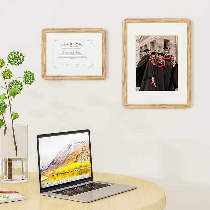 8.5 by 11 Picture Frame - Solid Oak Wood 8.5x11 Fram, 8 1/2 x 11 Diploma Frame With Mat For 6x8, Tabletop and Wall Display, Hanging Hardware Included, Certificate Document Frame, Natural Oak
