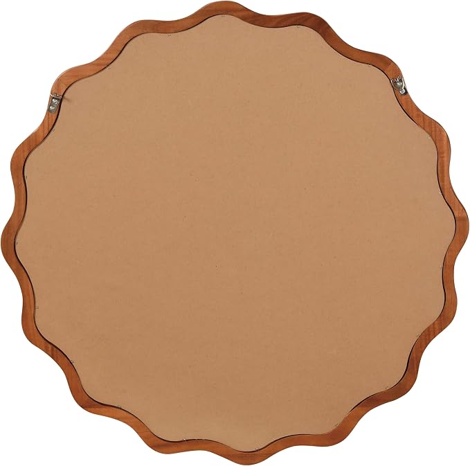 36 Inch Wooden Wavy Round Wall Mirror, Modern Solid Wood Frame Circle Decorative Accent Mirror for Bedroom, Bathroom, Living Room, Entryway, Yellowish Brown