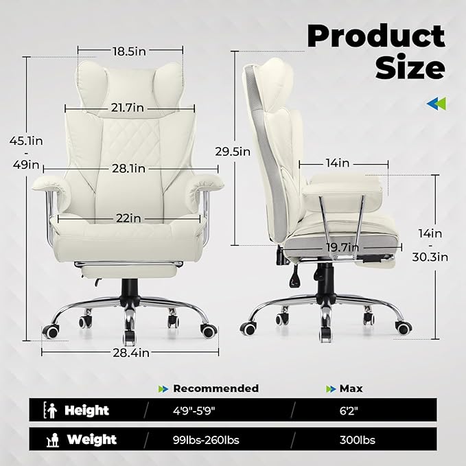 COMHOMA Big and Tall Office Chair, High Back Leather Gaming Chair with Footrest, Executive Ergonomic Office Chairs with Pocket Spring Lumbar Support and with Outward Fixed Soft Armrests
