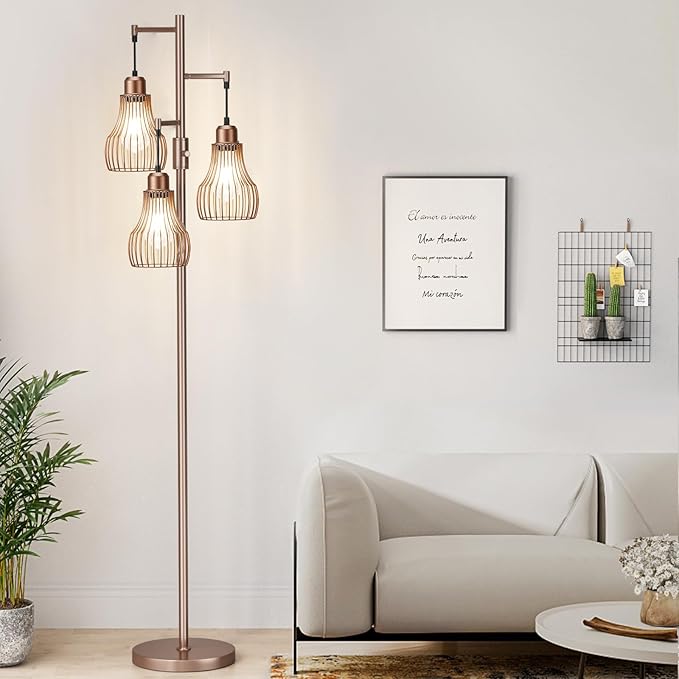 Ziisee Dimmable Floor Lamps for Living Room, Industrial Tree Standing Tall Lamps with 3 Elegant Cage Shade & 800 Lumens LED Bulbs for Bedroom Office - Brown