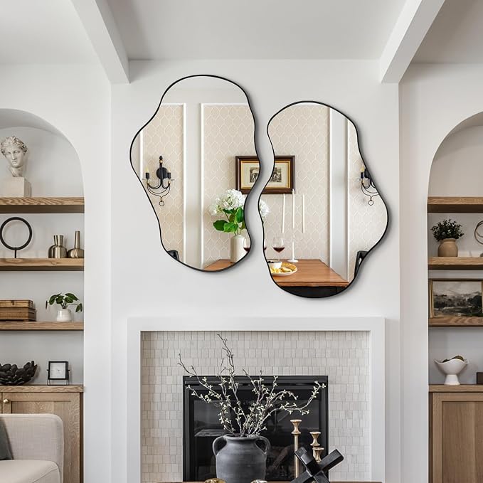 Irregular Wall Mirror, 30"x20" Asymmetrical Decorative Accent Mirror with Black Metal Frame, Organic Shape Mirrors for Entryway Bedroom Living Room, Horizontal or Vertical Hanging ﻿