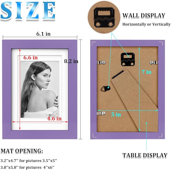 Egofine 5x7 Picture Frame Made of Solid Wood,Covered by Plexiglass Display Pictures 3.5x5/4x6 with Mat or 5x7 Without Mat for Table Top Display and Wall Mounting Photo Frame, Purple