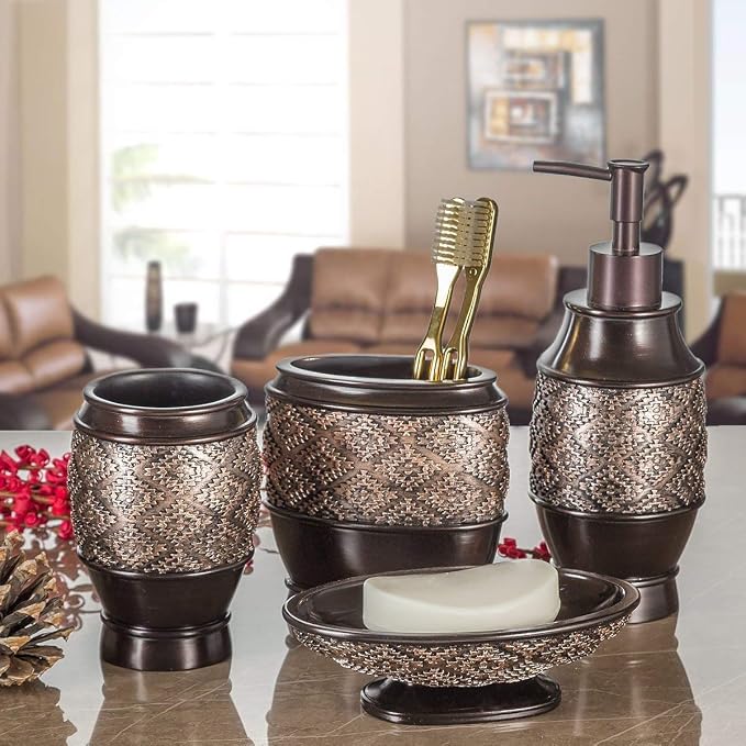 Creative Scents Dublin Brown Bathroom Accessories Set 6-Piece Resin Bathroom Decor Set Includes Toilet Bowl Brush and Holder, Tissue Box Cover, Soap Dispenser, Soap Dish, Cup, & Toothbrush Holder