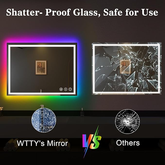 WTTY LED Bathroom Mirror 60"x36" with RGB Backlit and Front Light,Stepless Dimmable LED Mirror for Bathroom,Lighted Bathroom Vanity Mirror,Anti-Fog,Memory Function,Shatter-Proof,Wall Mounted