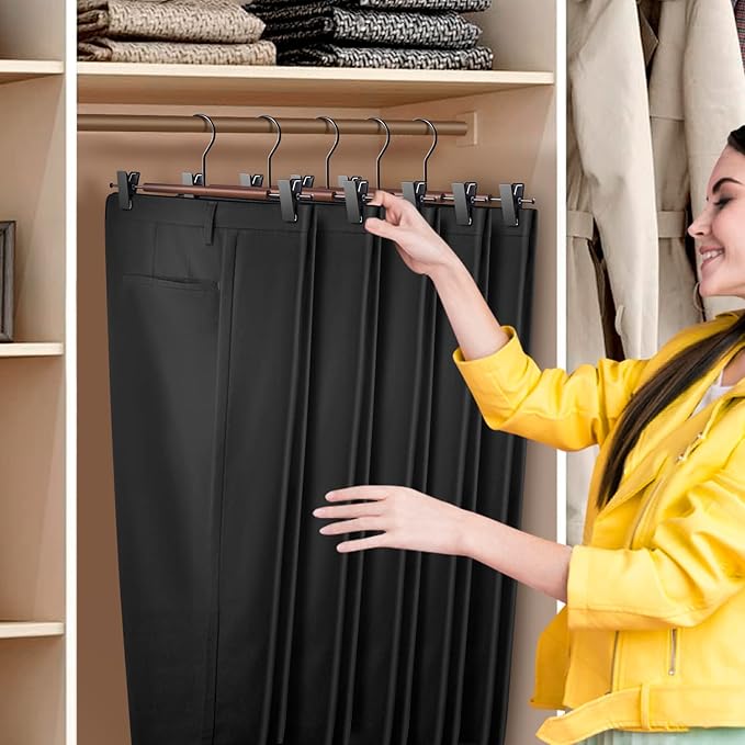 Wooden Pants Hangers with Clips 20 Pack Adjustable Wood Skirt Hangers for Women Space Saving Clothes Hanger Jeans Trousers Hanger for Closet Non Slip,Brown