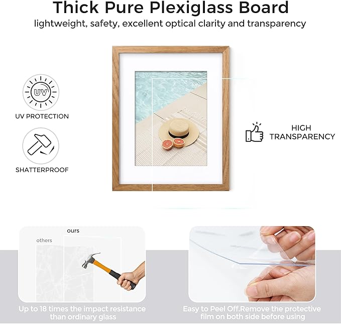 Axeman 8x8 Solid Oak Wood Frame With Mat - 8x8 Picture Frame - Plexiglass & Hanging Hardware Included - Natural