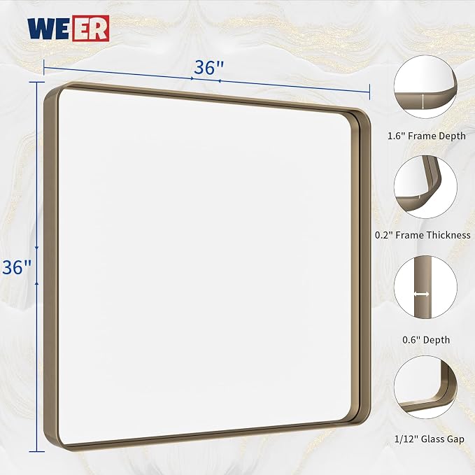 WEER Bronze Bathroom Mirror 36x36 Inch, Farmhouse Oil Rubbed Frame for Wall, Aluminum Alloy Brushed Metal, Vanity, Tempered Glass, Anti-Rust (Horizontal/Vertical)