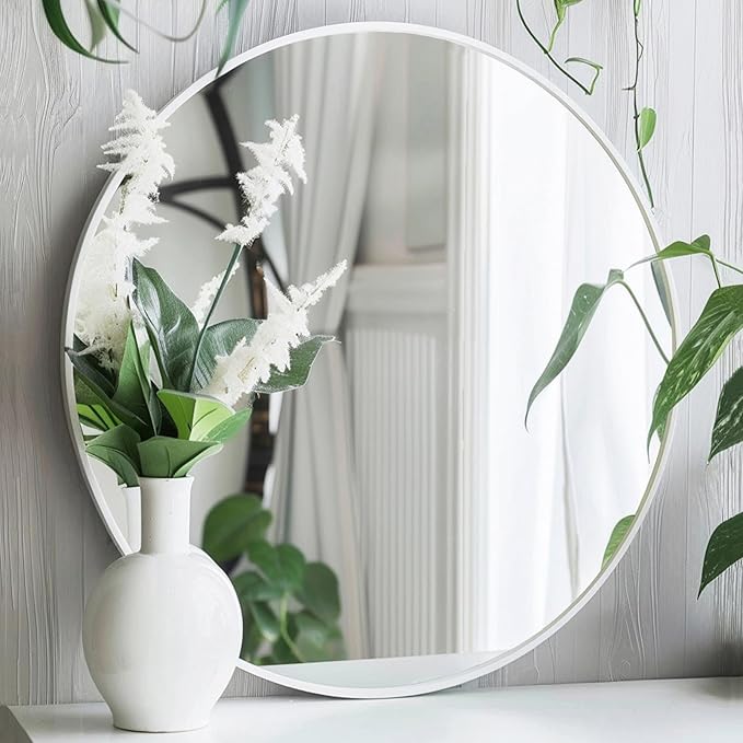 Sunniry White Round Mirror 26 inch, Circle Bathroom Mirror Matte Metal Frame, Circle Mirrors for Living Room, Bathroom, Wall, Hallway.