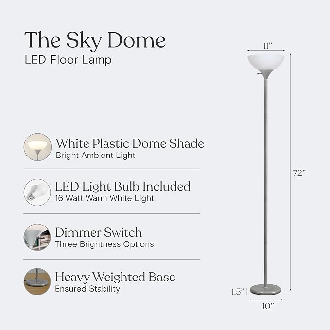 Brightech Sky Dome Dimmable LED Floor Lamp, Torchiere Floor Lamp for Living Room, Bedroom, & Office – Tall Torch Standing Lamp for Reading, Modern Home Decor – Platinum Silver