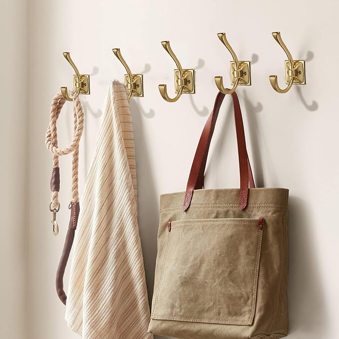 Large Wall Hooks 10 Pack Champagne Brozne Coat Hooks Hardware Towel Hooks for Hanging Coats 4.35 Inch Double Robe Hooks Wall Mounted with Screws for Key, Towel, Bags, Cup, Hat