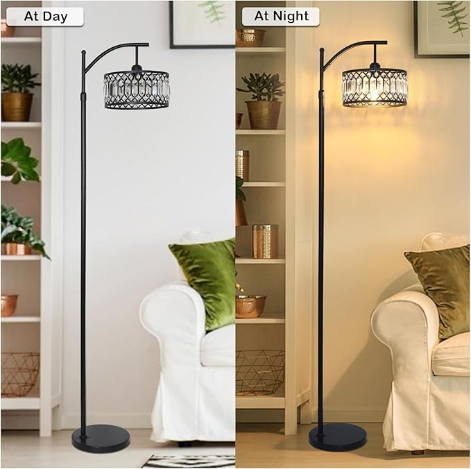 Crystal Floor Lamps for Living Room, Modern Arc Floor Lamp, Black Standing Lamp with Edison Bulb, Height Adjustable Tall Lamp for Bedroom, Corner Stand Up Lamp for Office, Arched Reading Light