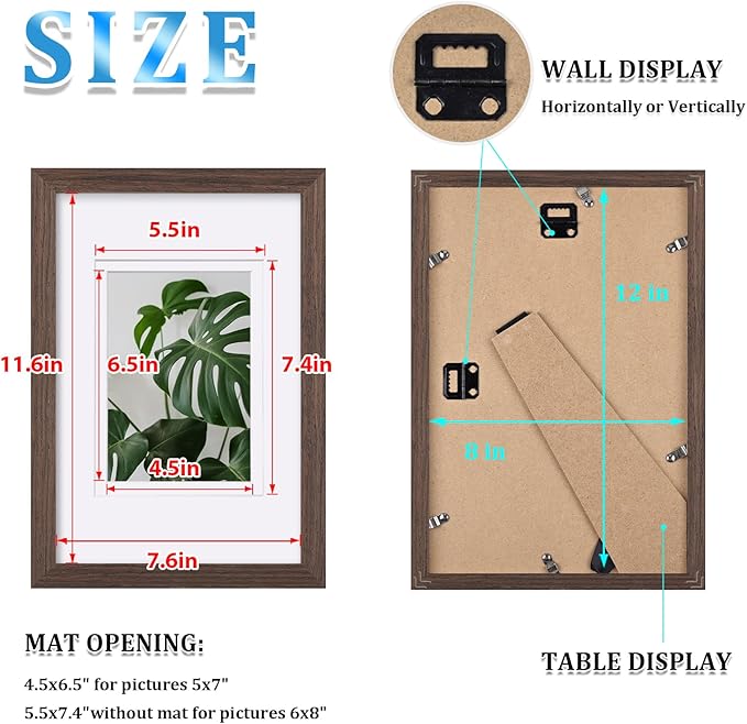 Egofine 8x12 Picture Frame Made of Solid Wood with Plexiglass, Display Pictures 5x7/6x8 with Mat or 8x12 Without Mat for Tabletop and Wall Mounting, Rustic Brown
