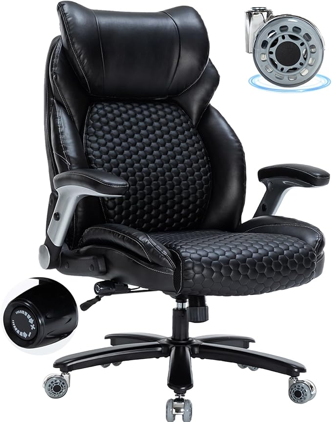 Office Chair Big and Tall 500lbs, Desk Chair Comfy, Oversized Computer Gaming Chair Extra Wide, Executive PU Leather Heavy Duty, Flip-Up Arm&Ergonomic Lumbar Support with Rubber Wheel