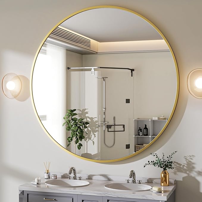 BEAUTYPEAK 30 Inch Round Mirror, Metal Frame Circle Mirror, Wall Mounted for Entryway, Bathroom, Vanity, Living Room, Gold