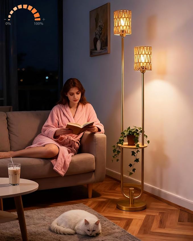 Lightdot 63IN Gold Floor Lamp with Table Mid Century Standing Lamps with Warm White Bulbs Included Unique Vintage Tall Floor Lamp with 5Lbs Heavy Base for Living Room/Party/Sofa Beside/Corner Decor