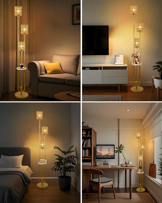 Lightdot Dimmable Boho Floor Lamps with 5Lbs Heavy Base for Living Room, 3-Lights Rattan Floor Lamp with Shelves Rustic Gold Standing Lamp with Warmwhite Bulbs Included for Sofa Beside/Corner Decor