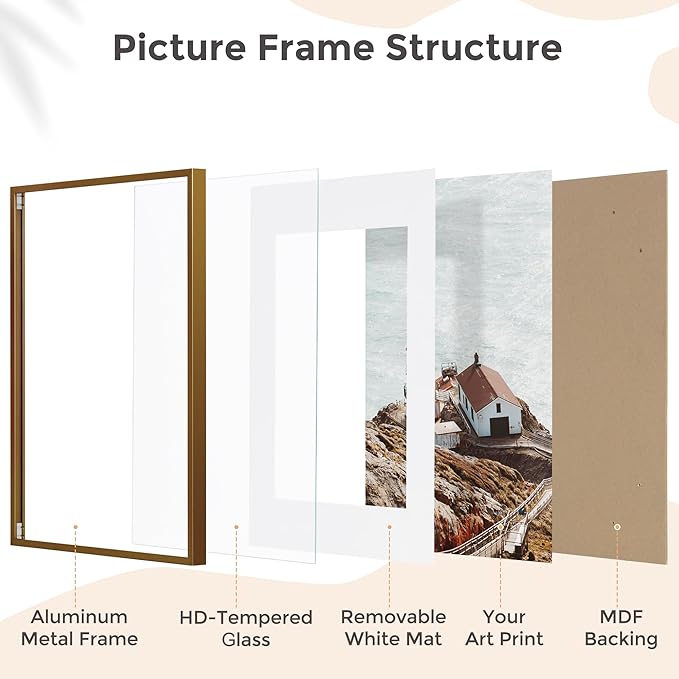 16x20 Metal Picture Frame For Wall With Mat For 11x14, 16''x20'' Aluminum Photo Frames With Tempered Glass For Home Decor, Minimalist Modern Poster Frame Horizontal And Vertical Formats, Bronze
