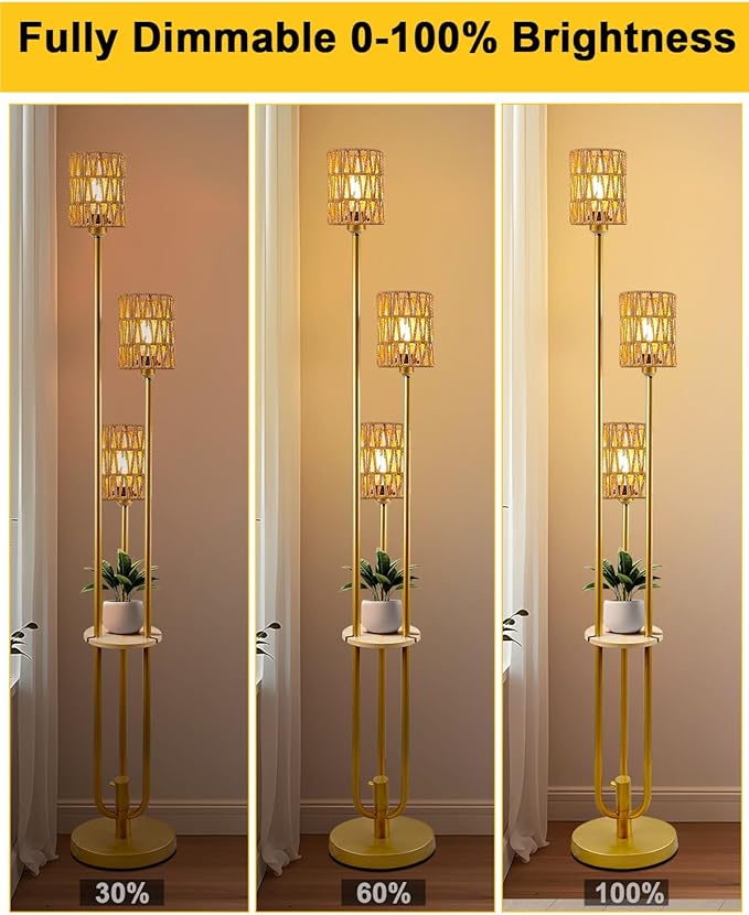 Lightdot Dimmable Boho Floor Lamps with 5Lbs Heavy Base for Living Room, 3-Lights Rattan Floor Lamp with Shelves Rustic Gold Standing Lamp with Warmwhite Bulbs Included for Sofa Beside/Corner Decor