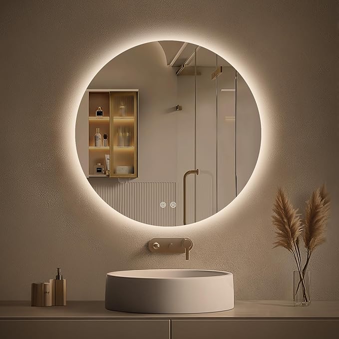 LOVESPEJO 24 Inch Round Backlit Bathroom Mirror with Lights, Circle LED Mirror for Bathroom, Fogless, Stepless Dimmable, 3 Color Changing, Memory, IP54, Shatterproof