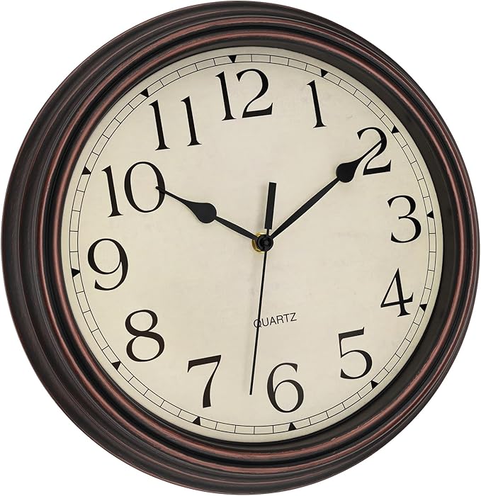 Foxtop 14 Inch Wall Clock Battery Operated Silent Non-Ticking Round Classic Vintage Retro Wall Clock Decorative for Living Room Kitchen Home Office (Bronze)