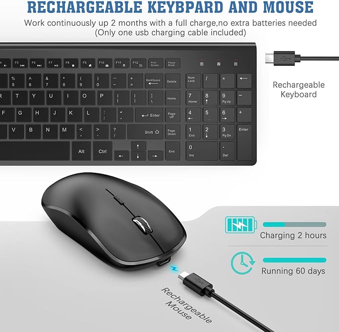 Rechargeable Wireless Keyboard and Mouse Combo- J JOYACCESS 2.4G Compact Quiet Slim Wireless Keyboard Mouse Combo for Laptop,PC,Desktop,Computer,Windows- Black