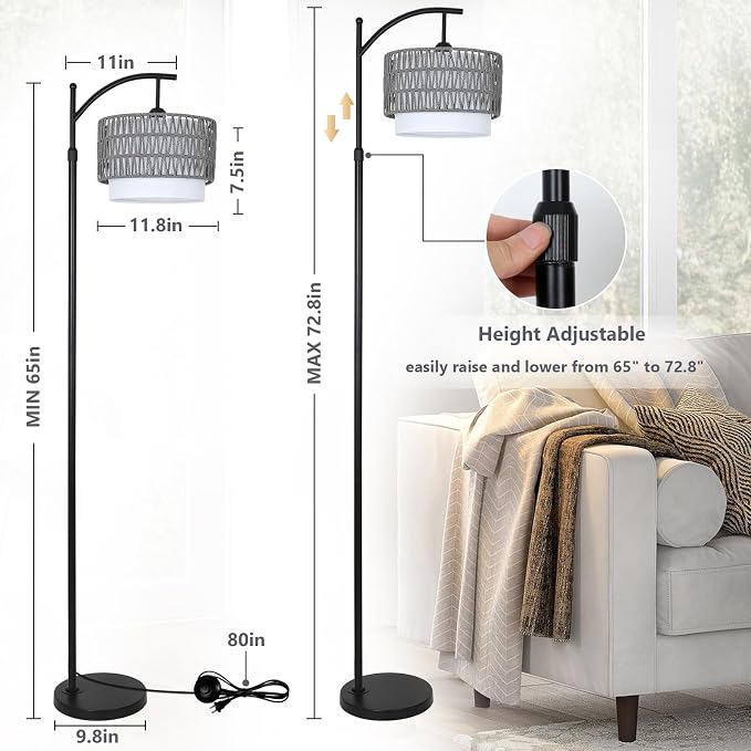 eyassi Floor Lamps for Living Room, Arc Standing Lamp with Remote & Dimmable Bulb, Boho Rattan Floor Lamp for Bedroom with 3 Color Temperatures, Farmhouse Tall Lamp, Height Adjustable Stand up Lamp