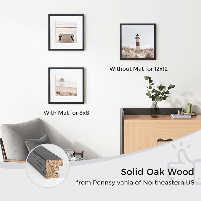 Axeman 12x12 Picture Frame with Mat for 8x8, Solid Oak Wood Square Picture Frame with Tempered Glass, Natural Wooden 12x12 inch Photo Frame for Wall Home Decor Art Photo and Prints, Black