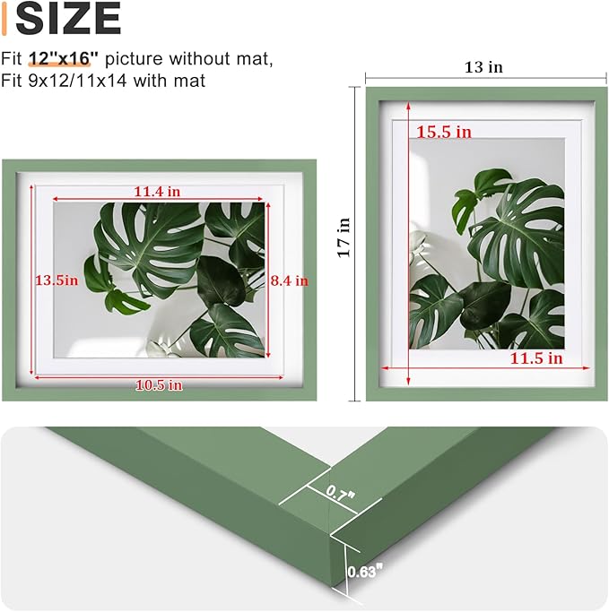 Egofine 12x16 Picture Frame Made of Solid Wood, Display Covered by Plexiglass, Display Pictures 9x12/11x14 with Mat or 12x16 Without Mat for Wall Mounting, Green