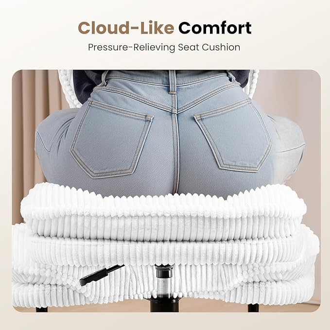 Cross Legged Office Chair, Ergonomic Cloud Criss Cross Desk Chair, Meditation Chair with Wheels, Height Adjustable Seat for ADHD, Wide Kneeling Chair with Back Support, Corduroy Fabric, White