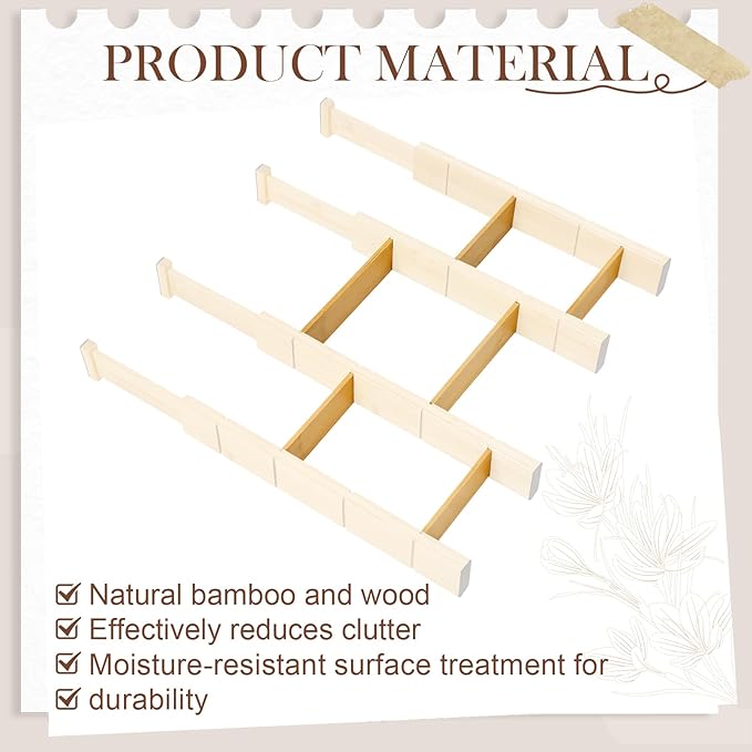 18 Pack Bamboo Drawer Dividers Inserts 3 Sizes Adjustable