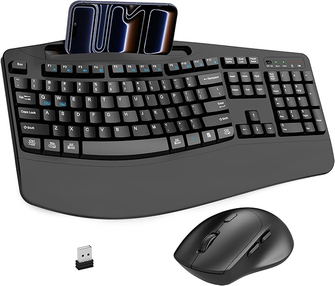 Wireless Keyboard and Mouse Combo, 2.4G Full Size Wave Keys Ergonomic Keyboard with Wrist Rest, Phone Holder, 3-Level DPI Wireless Silent Mouse with 6-Buttons, for Windows, Mac OS, Laptop, PC (Black)