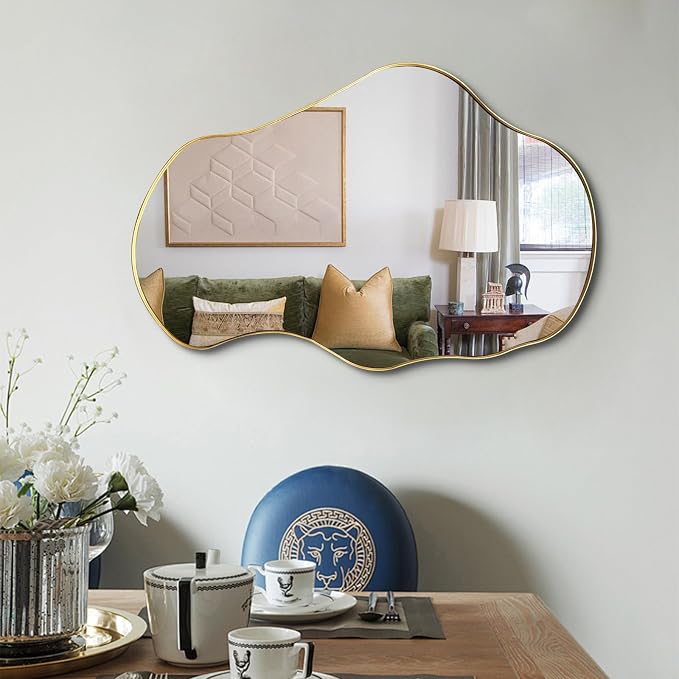 Irregular Wall Mirror, 30"x20" Asymmetrical Decorative Accent Mirror with Black Metal Frame, Organic Shape Mirrors for Entryway Bedroom Living Room, Horizontal or Vertical Hanging