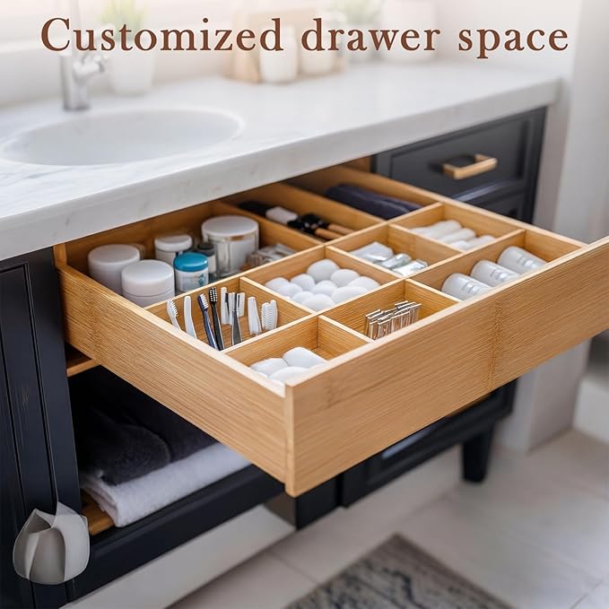 18 Pack Bamboo Drawer Dividers Inserts 3 Sizes Adjustable