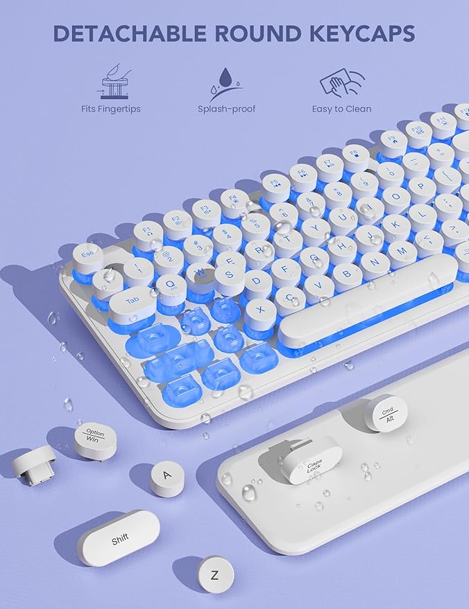 Wireless Keyboard and Mouse Backlit - Typewriter Keyboard with Retro Round Keycaps, Detachable Wrist Rest, Light Up Letters, 2.4G Rechargeable Combo for Mac, Windows, PC, Laptop, Trueque (White)